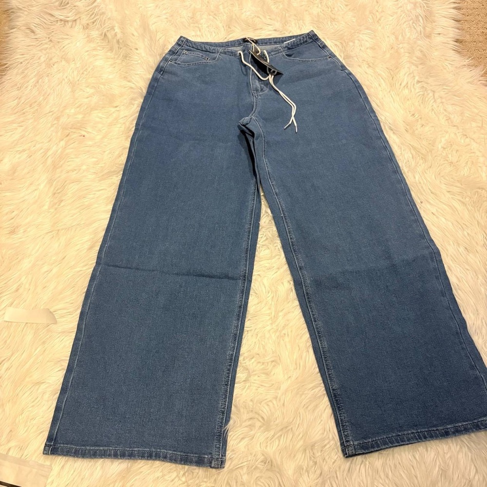 Flamingals drawstring stretchy wide leg denim jeans woman’s size L FG5-9 - Picture 4 of 6